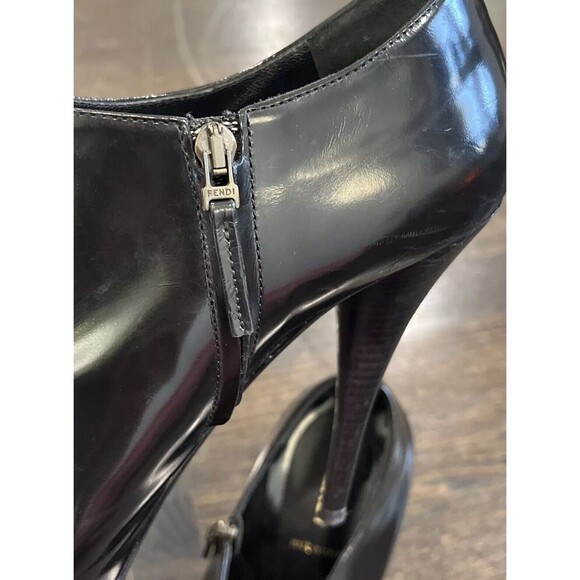Fendi Black Patent Leather Heels EU 38.5 US 8 Peep Toe Mesh Booties Goth Rave - Picture 8 of 12